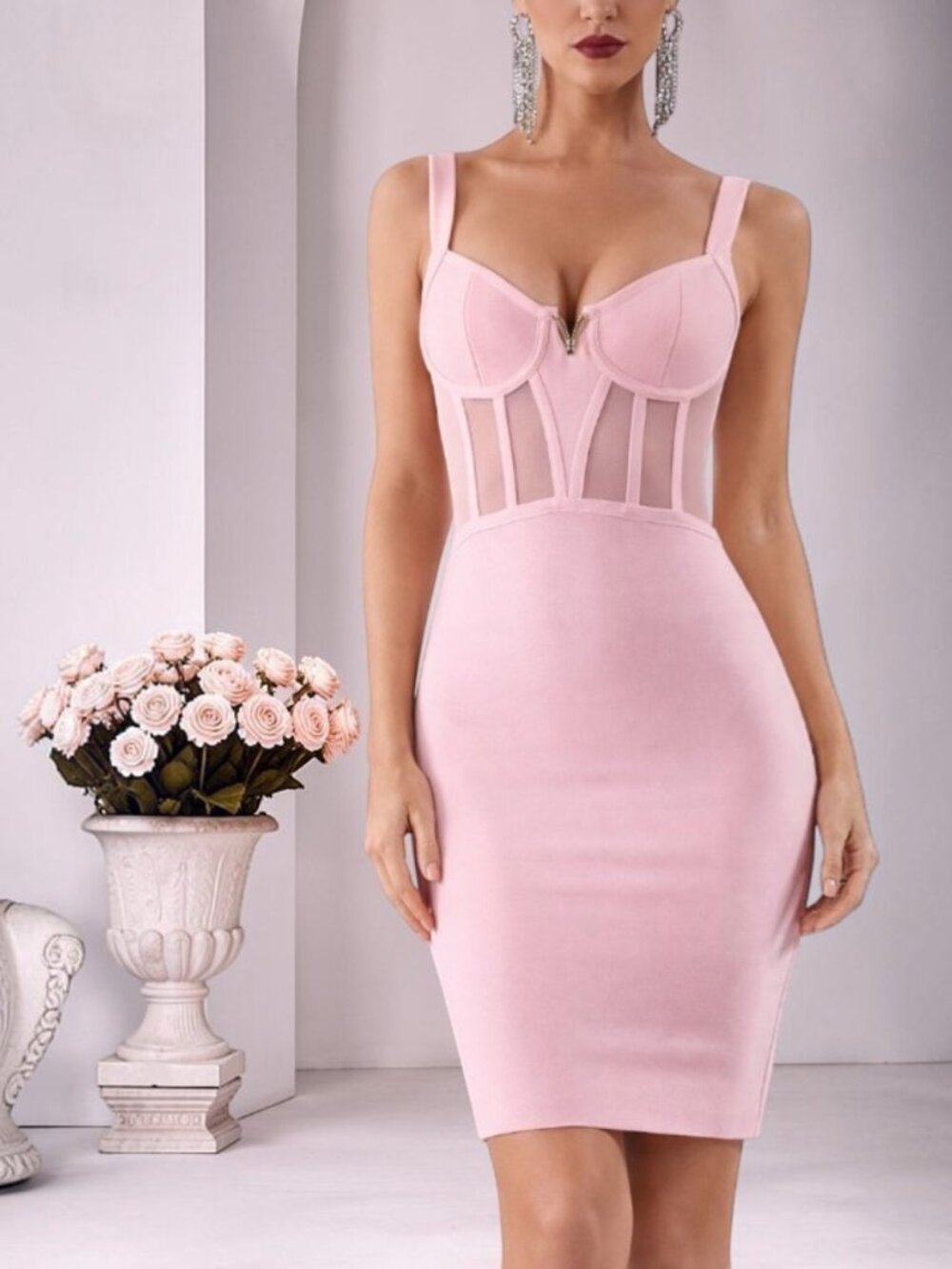 Blush Pink Corset Bust Mesh Bandage Bodycon Dress | Soft Sculpt Collection - Picture 4 of 9